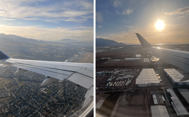 Two pictures taken from a plane from a seat behind the wing showing the view while coming in for a landing at SLC. The first picture shows more greenery in a more suburban neighborhood and the second picture on the right shows us closer to the ground landing over a more industrial area.